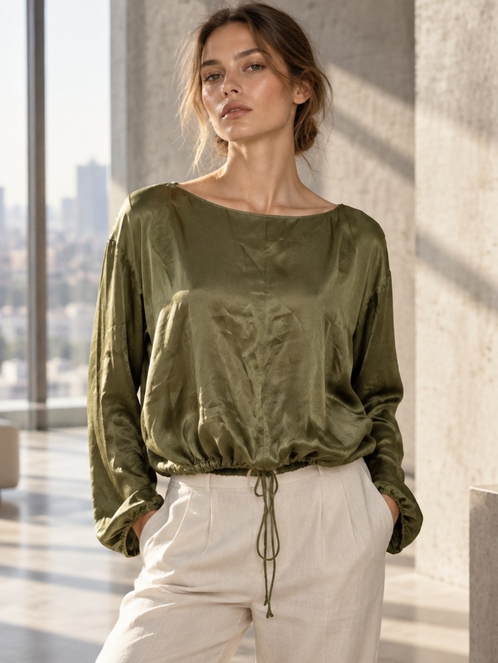 Zara Olive Drawstring Hem Blouse Size Medium